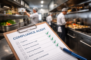 Food safety compliance audit checklist in a commercial kitchen